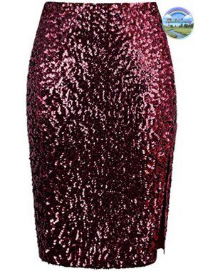 Sequin Midi Pencil Skirt with Slit Sparkly Party Skirt